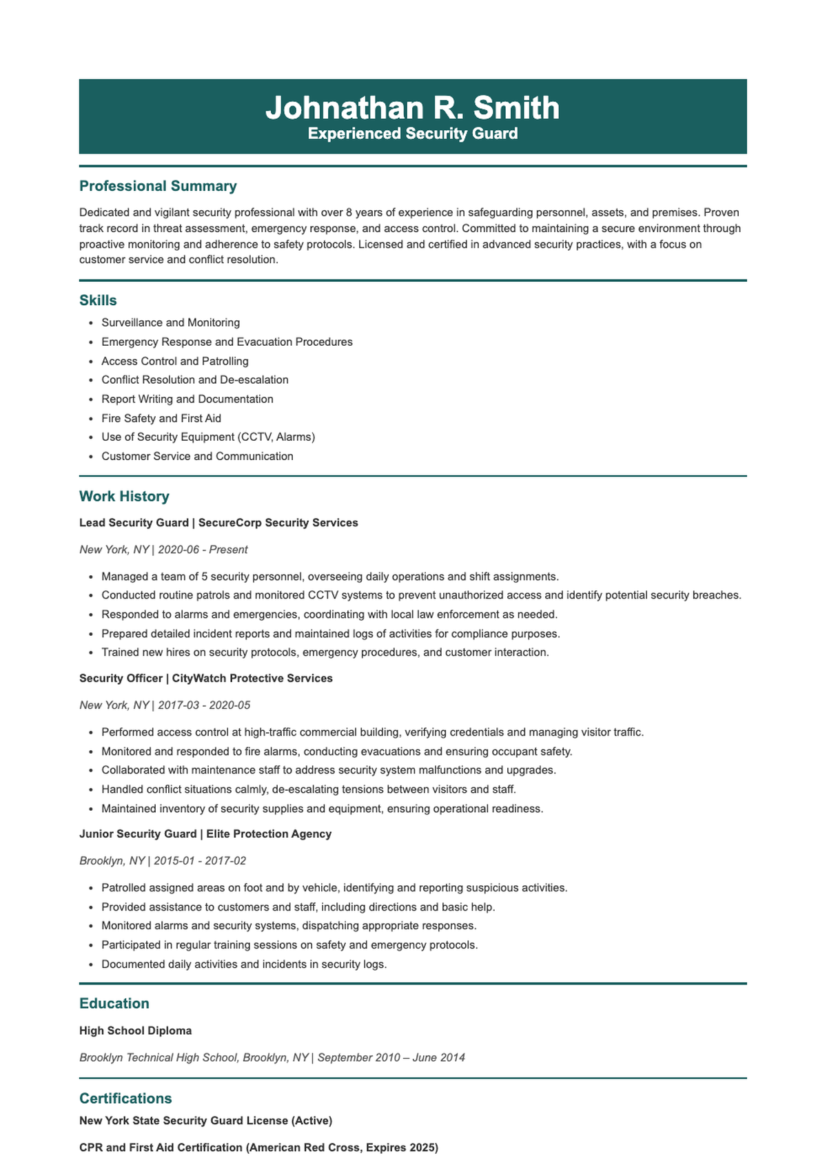 Professional security guard resume with dark teal sidebar and work achievements_variant_2